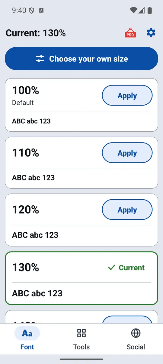 Big Font text sizes